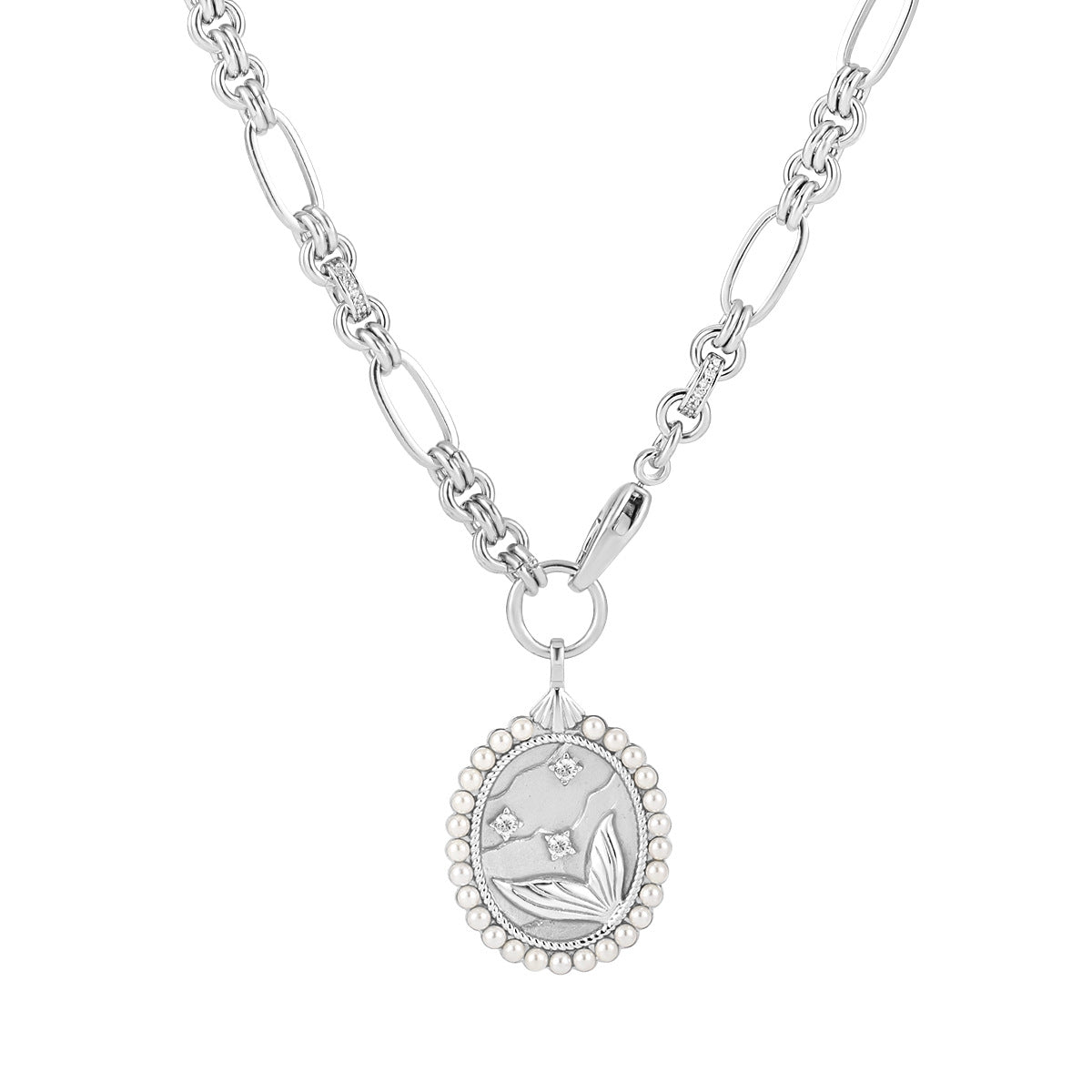 Colier din Argint Reins, cu perle de apa dulce si pietre semi-pretioase din Zircon - Siren’s pearl, vedere pe fundal alb, 01R01-0022