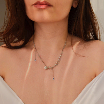 Colier din Argint Reins cu perla naturala de apa dulce si pietre semi-pretioase din Zircon – Tassel pearl vedere pe model 01R01-0018