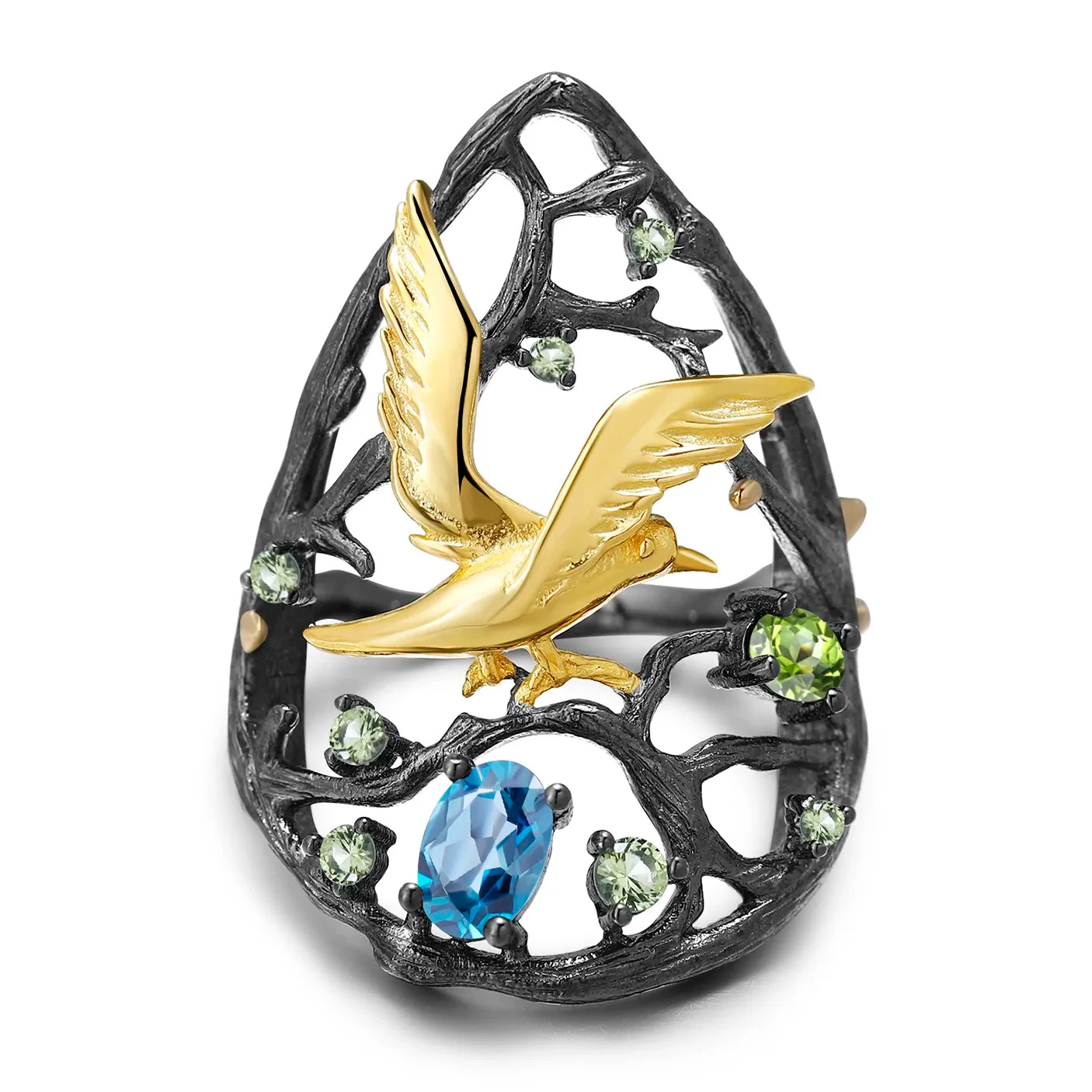 Inel din Argint Reins, cu pietre semi-pretioase din Peridot si Topaz – Bird Perched, vedere pe fundal alb, 04R01-0002